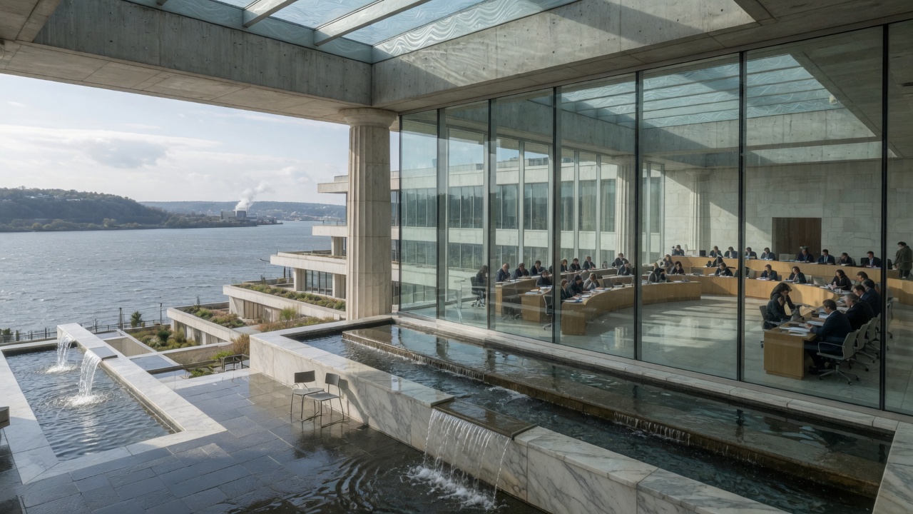 Albany Hudson River boule and Capitol fountains — educational cover (Greek Senate, American Future Type)