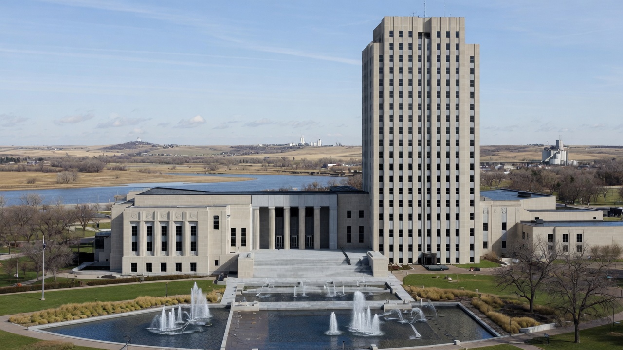 Bismarck Missouri River boule and 19-story Capitol fountains — educational cover (Greek Senate, American Future Type)