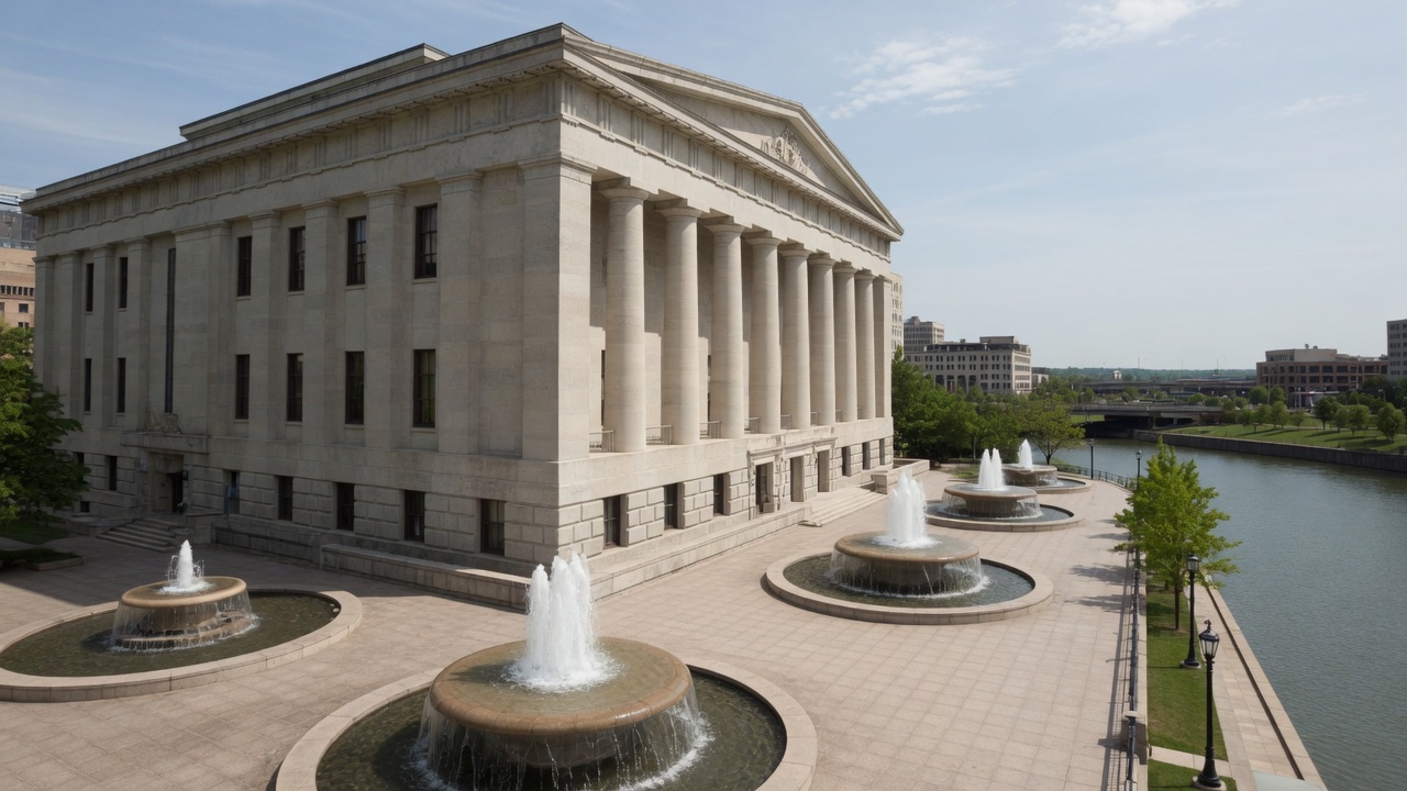 Columbus Scioto boule and Statehouse fountains — educational cover (Greek Senate, American Future Type)