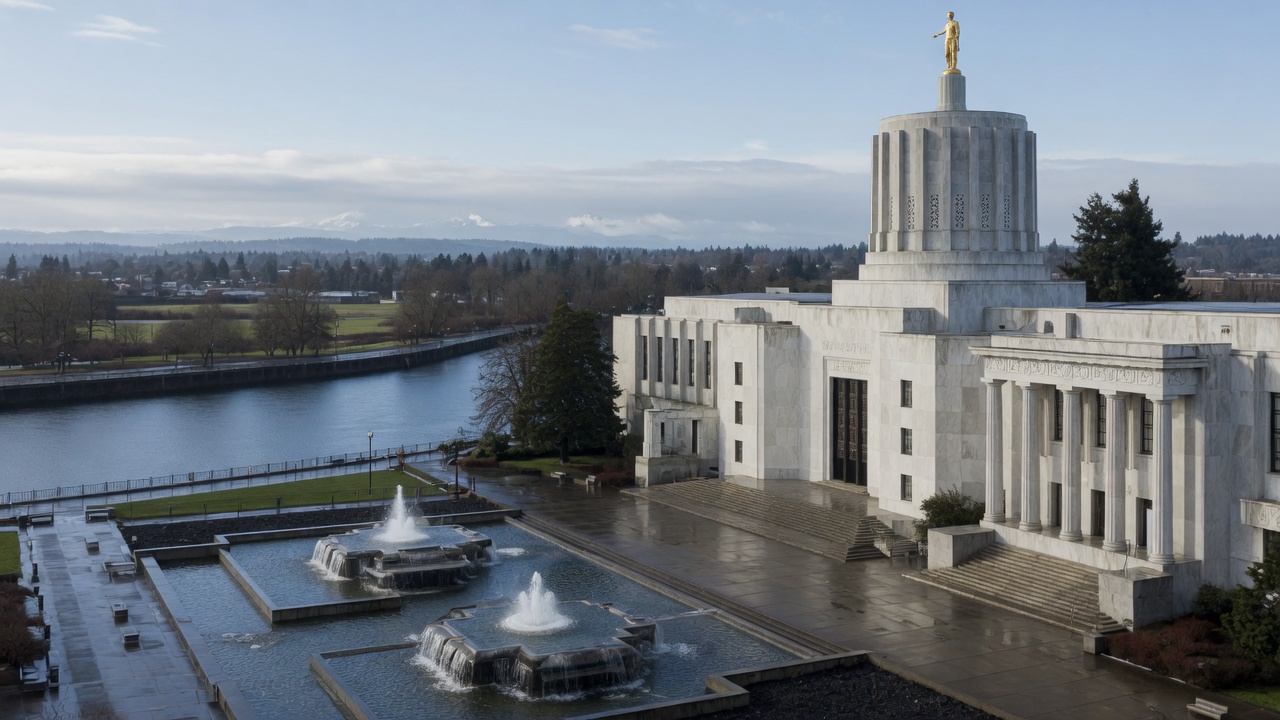 Salem Willamette boule and Capitol fountains — educational cover (Greek Senate, American Future Type)