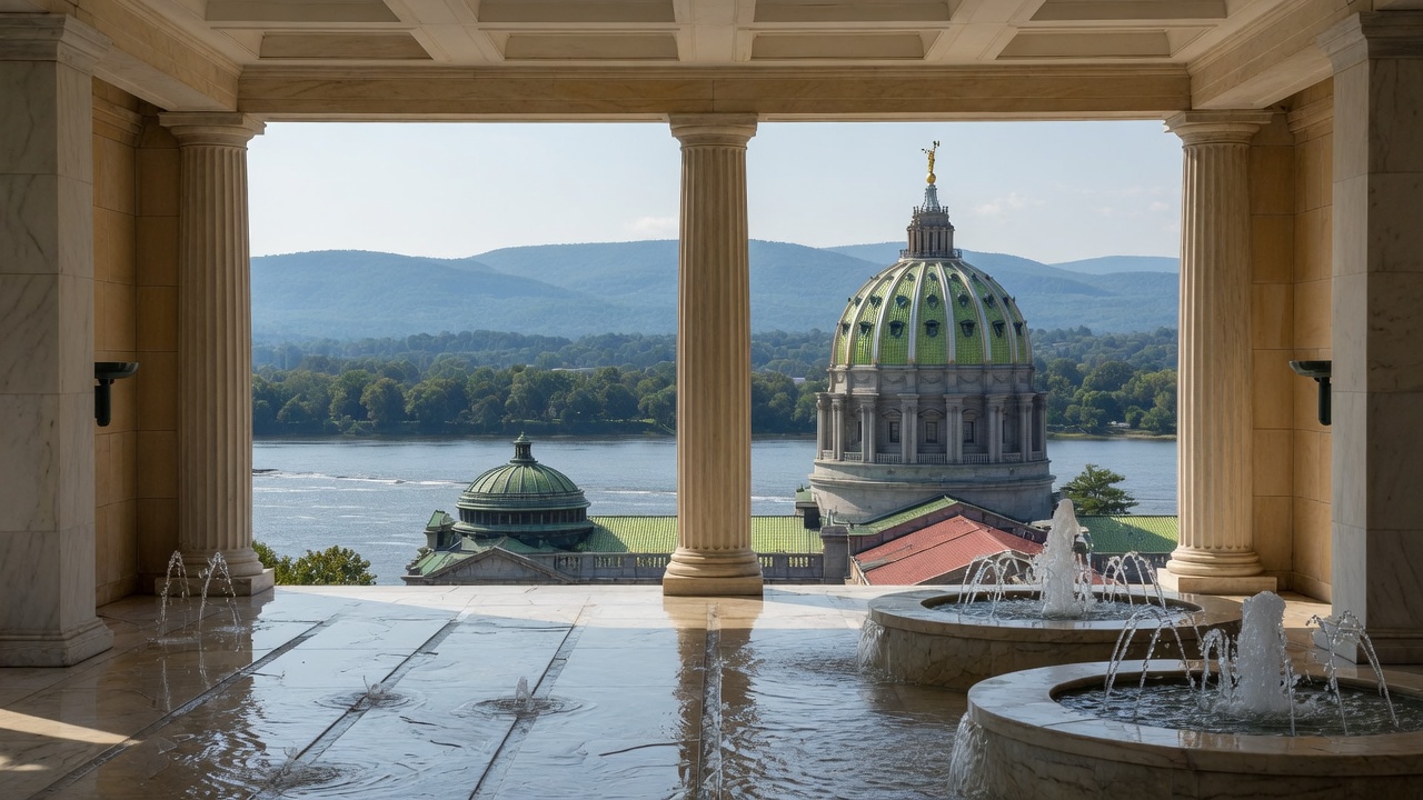 Harrisburg Susquehanna boule and Capitol fountains — educational cover (Greek Senate, American Future Type)