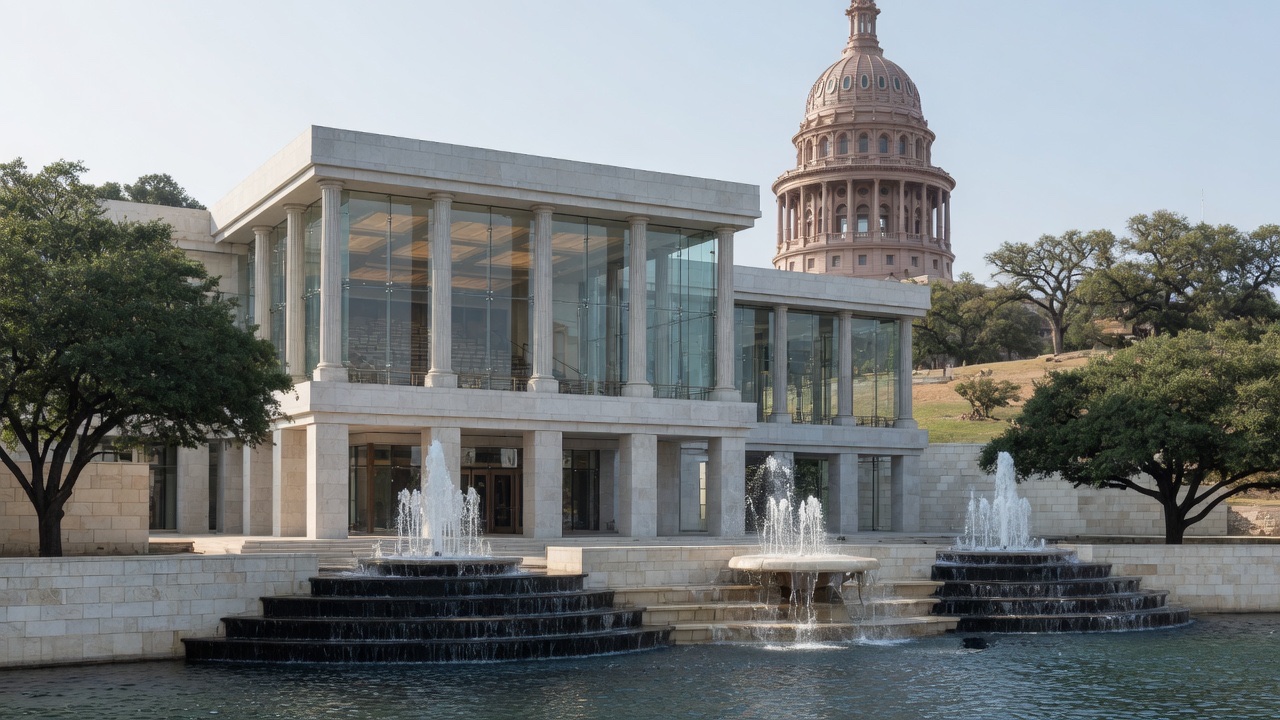 Austin Colorado boule and Capitol fountains — educational cover (Greek Senate, American Future Type)