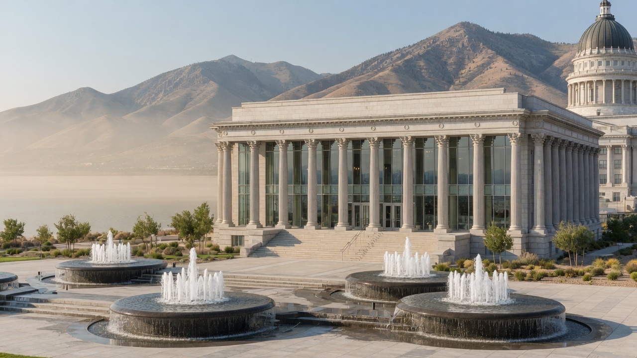 Salt Lake Capitol boule and desert-valley fountains — educational cover (Greek Senate, American Future Type)