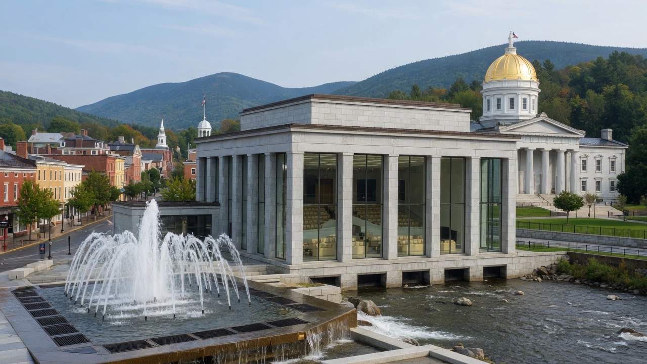 Montpelier Winooski boule and State House fountains — educational cover (Greek Senate, American Future Type)