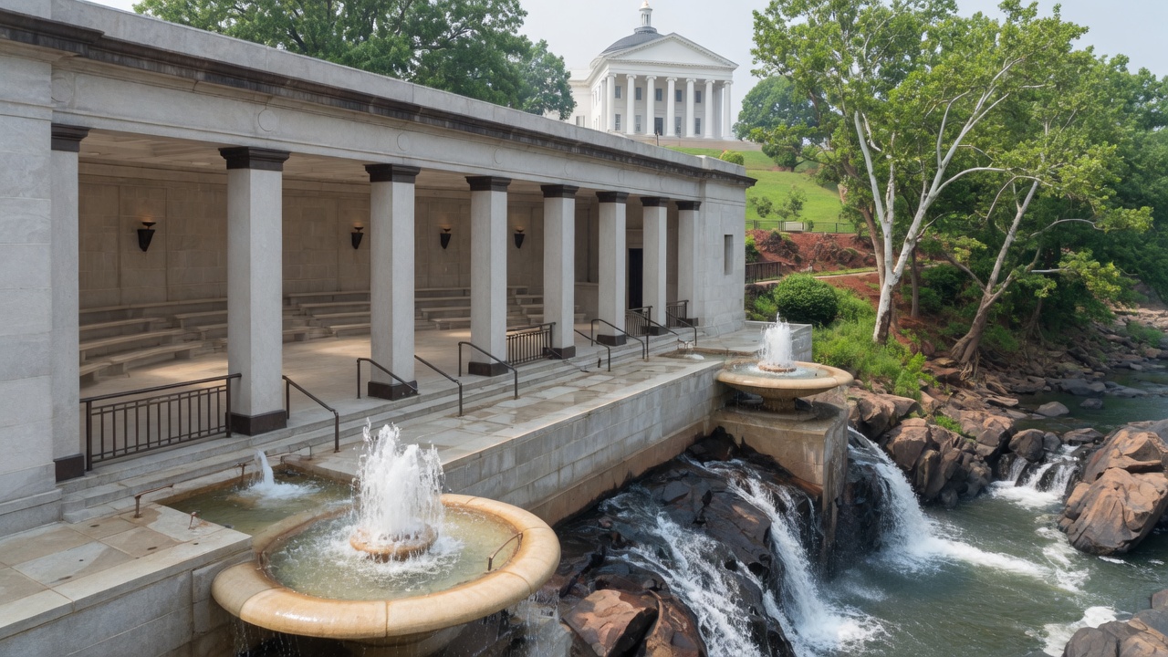 Richmond James-falls boule and Capitol Square fountains — educational cover (Greek Senate, American Future Type)