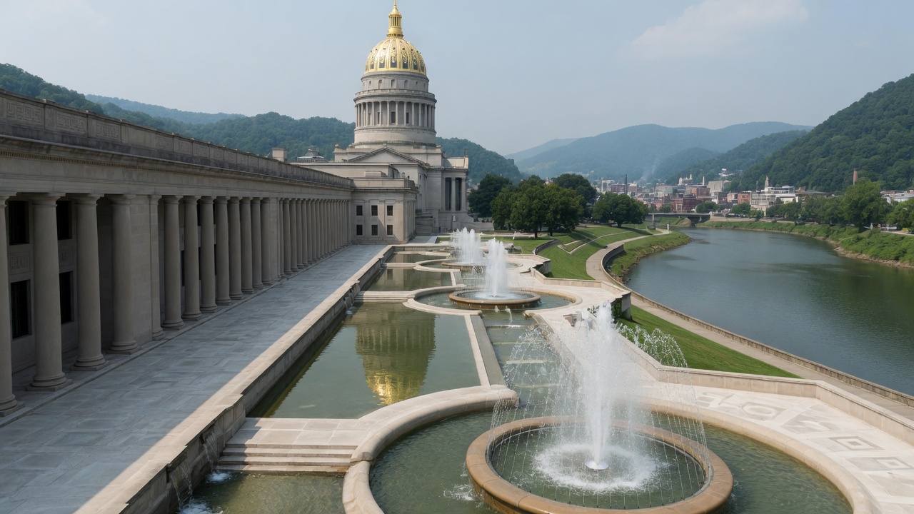 Charleston Kanawha boule and gold-dome fountains — educational cover (Greek Senate, American Future Type)