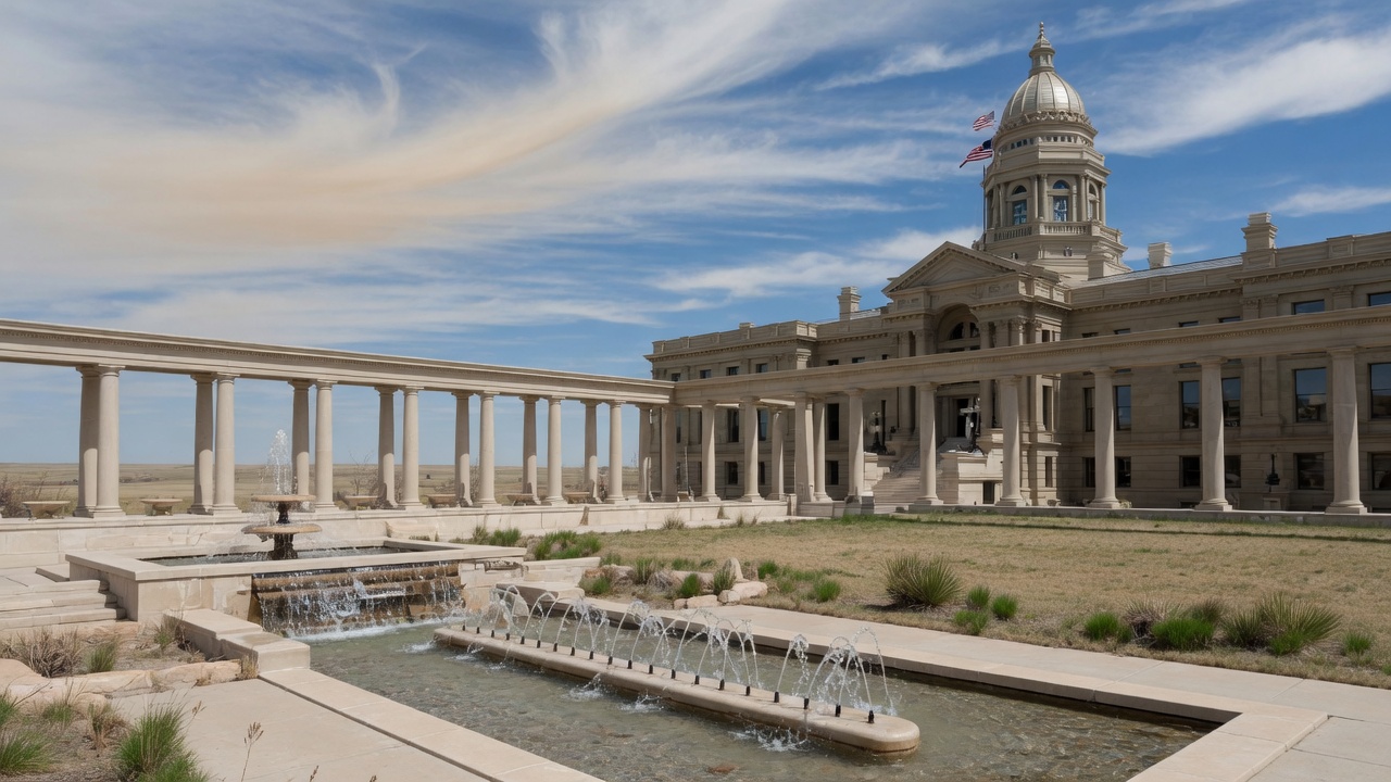 Cheyenne high-plains boule and Capitol fountains — educational cover (Greek Senate, American Future Type)