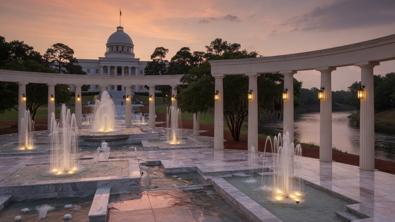 Goat Hill dusk fountains — educational cover (Greek Senate, American Future Type)