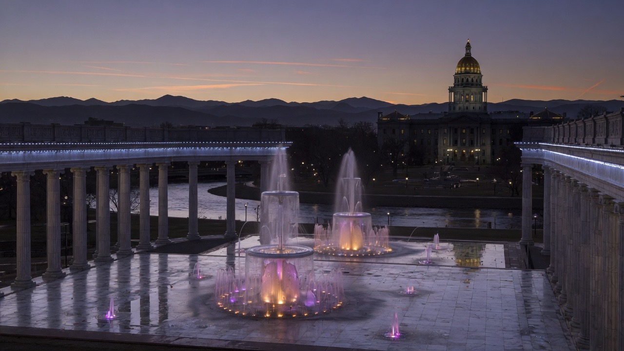 Civic Center dusk fountains — educational cover (Greek Senate, American Future Type)