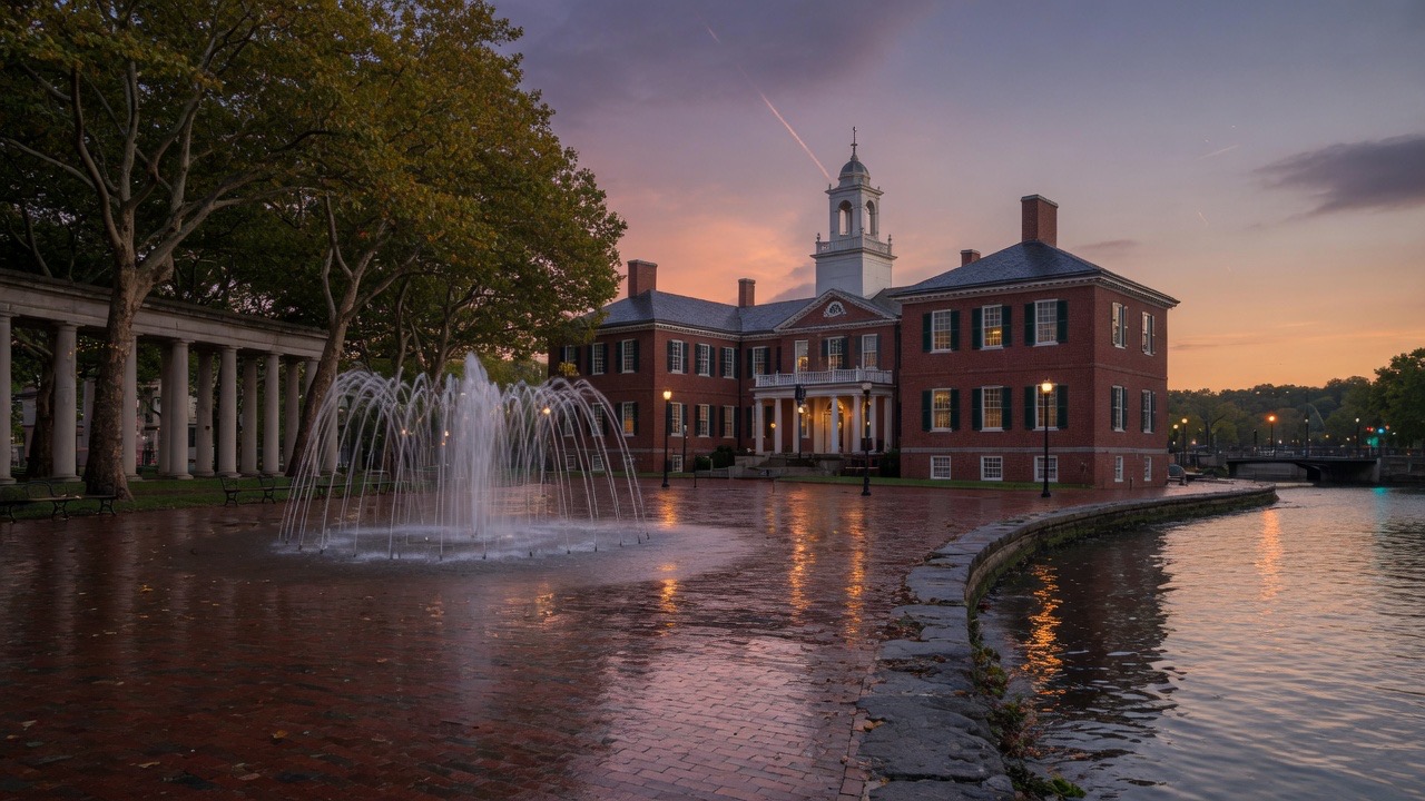 Legislative Hall dusk fountains — educational cover (Greek Senate, American Future Type)