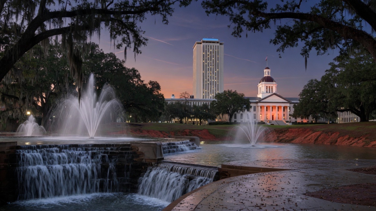 Cascades Park dusk fountains — educational cover (Greek Senate, American Future Type)