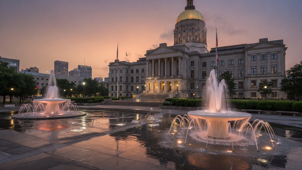 Gold-dome dusk fountains — educational cover (Greek Senate, American Future Type)