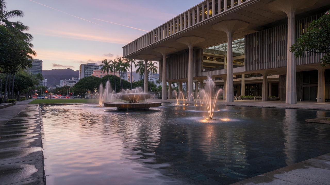 Reflecting-pool dusk fountains — educational cover (Greek Senate, American Future Type)