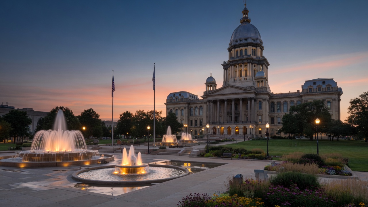 Sangamon dusk fountains — educational cover (Greek Senate, American Future Type)