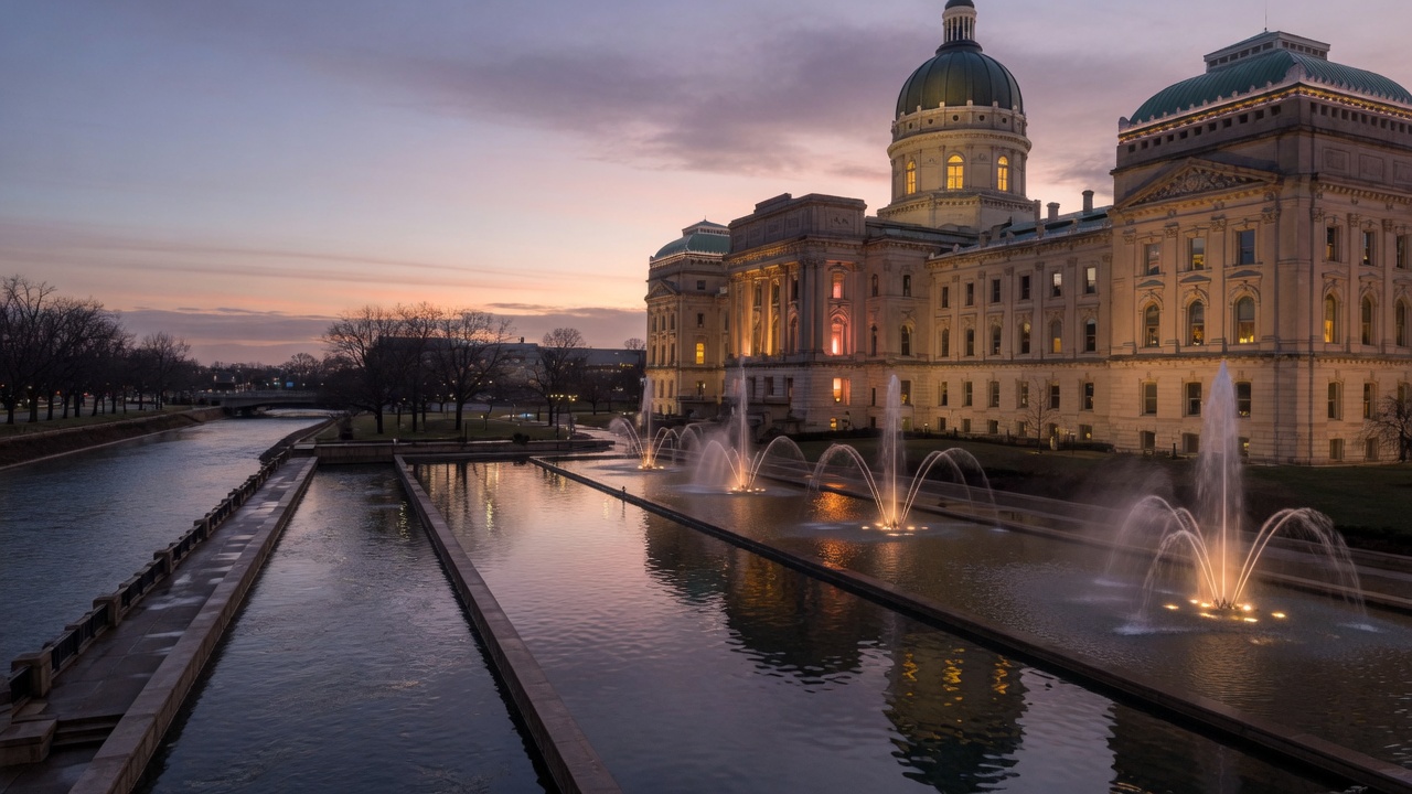 Indianapolis Statehouse dusk canal fountains — educational cover (Greek Senate, American Future Type)