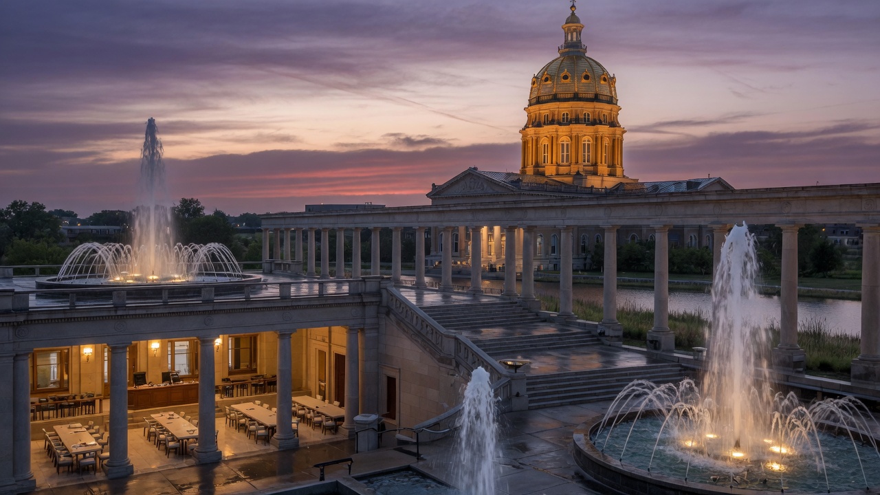 Des Moines gold-dome dusk fountains — educational cover (Greek Senate, American Future Type)
