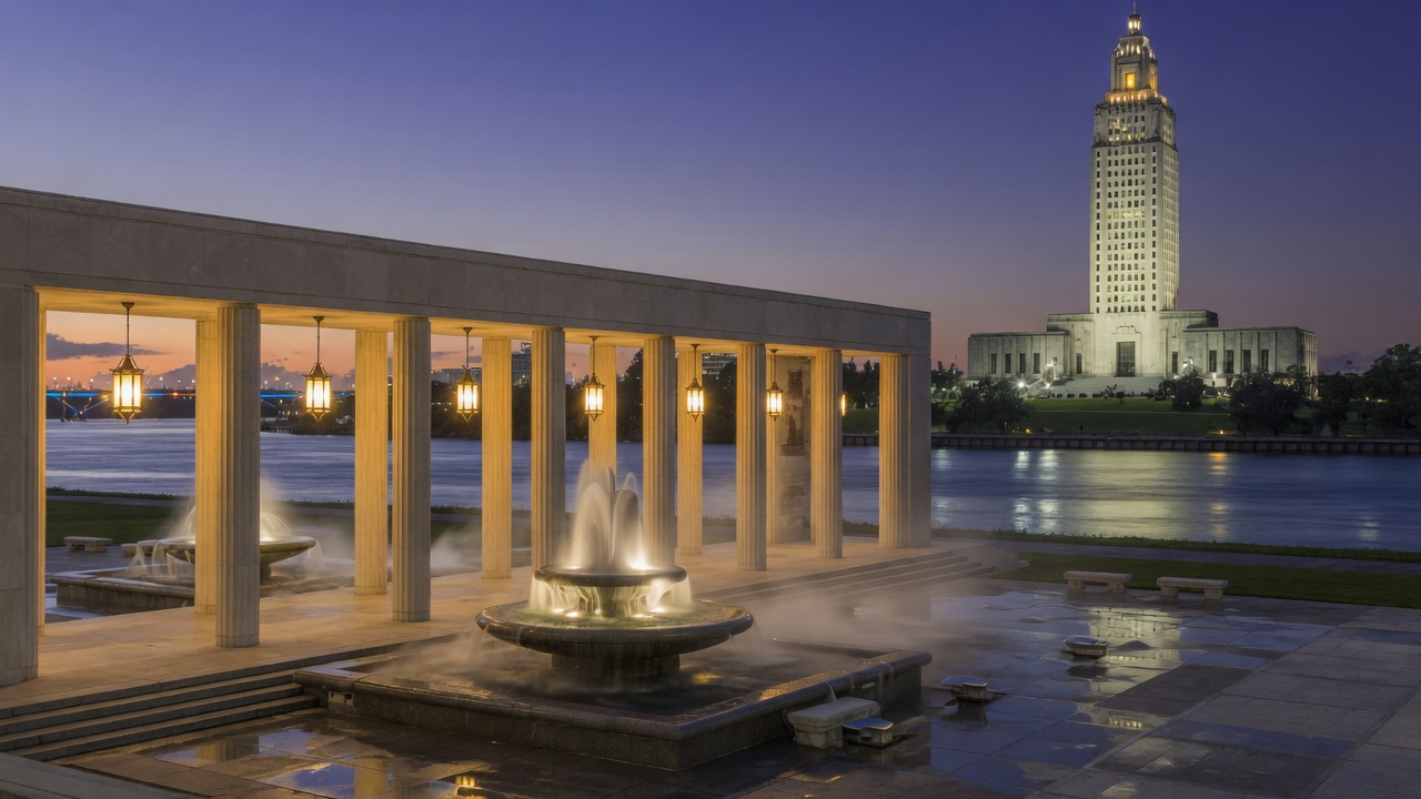 Baton Rouge river-tower dusk fountains — educational cover (Greek Senate, American Future Type)