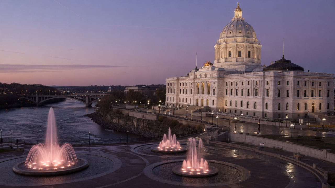 Saint Paul dusk Mississippi fountains — educational cover (Greek Senate, American Future Type)