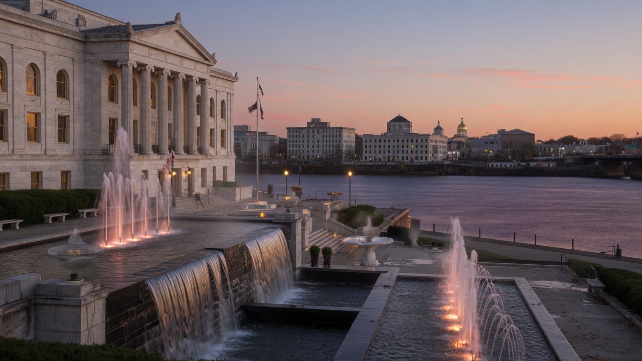 Trenton dusk Delaware fountains — educational cover (Greek Senate, American Future Type)