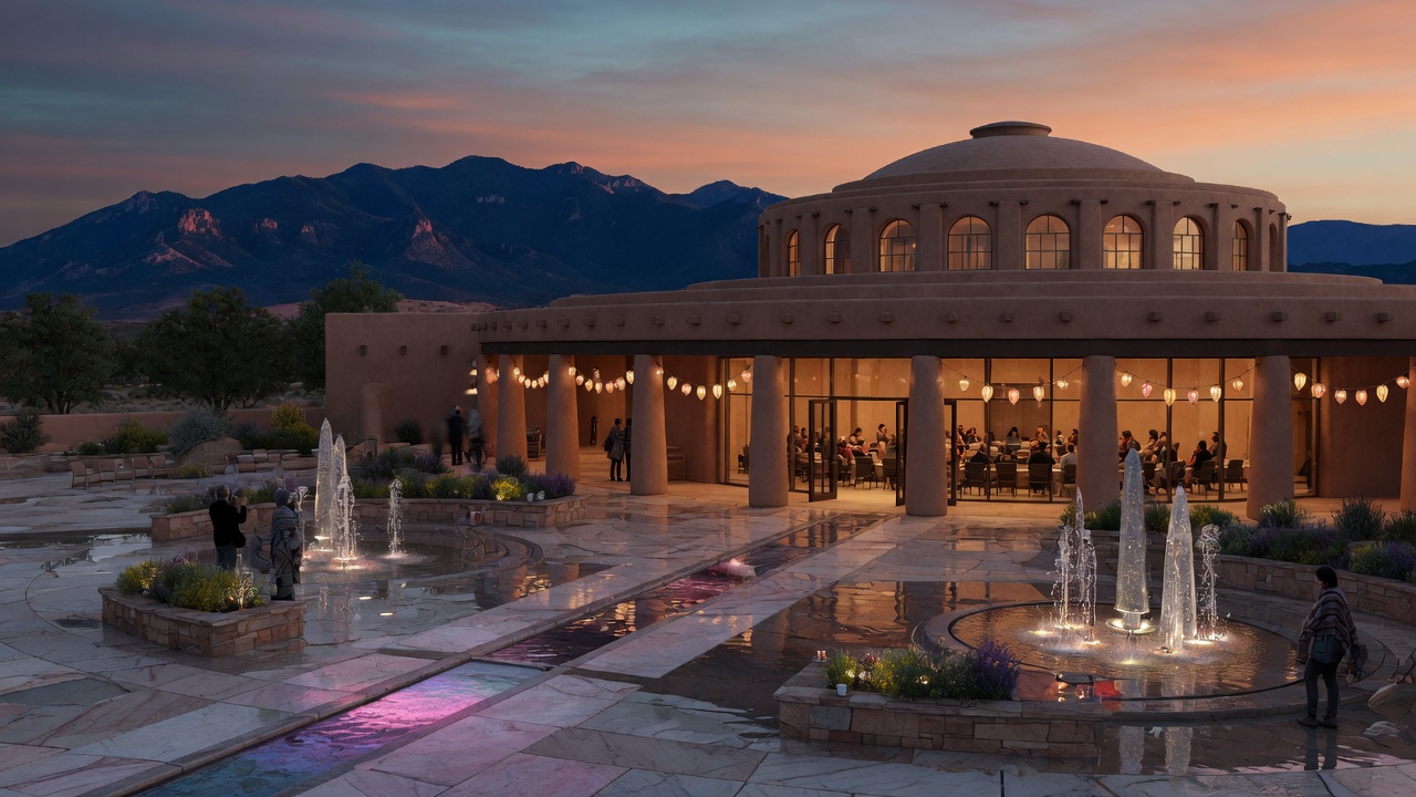 Santa Fe dusk Roundhouse fountains — educational cover (Greek Senate, American Future Type)