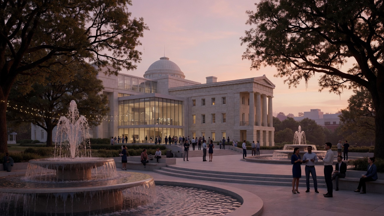 Raleigh dusk piedmont fountains — educational cover (Greek Senate, American Future Type)