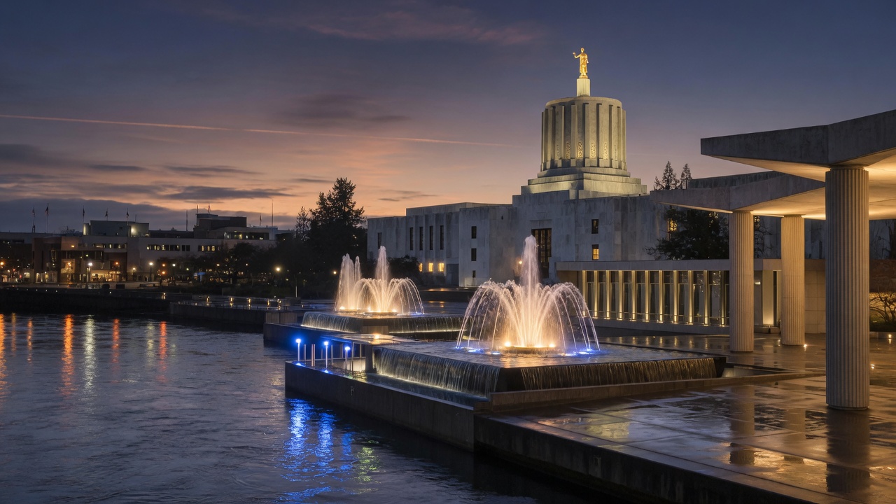 Salem dusk fountains — educational cover (Greek Senate, American Future Type)