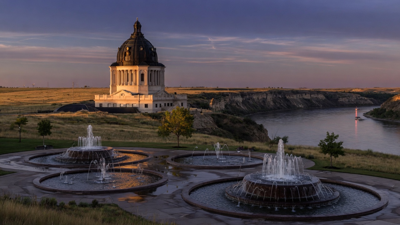 Pierre dusk Missouri-bluff fountains — educational cover (Greek Senate, American Future Type)