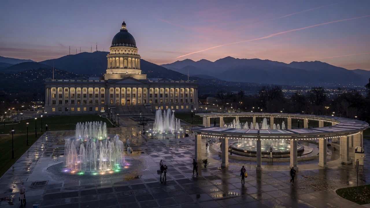 Salt Lake dusk fountains — educational cover (Greek Senate, American Future Type)