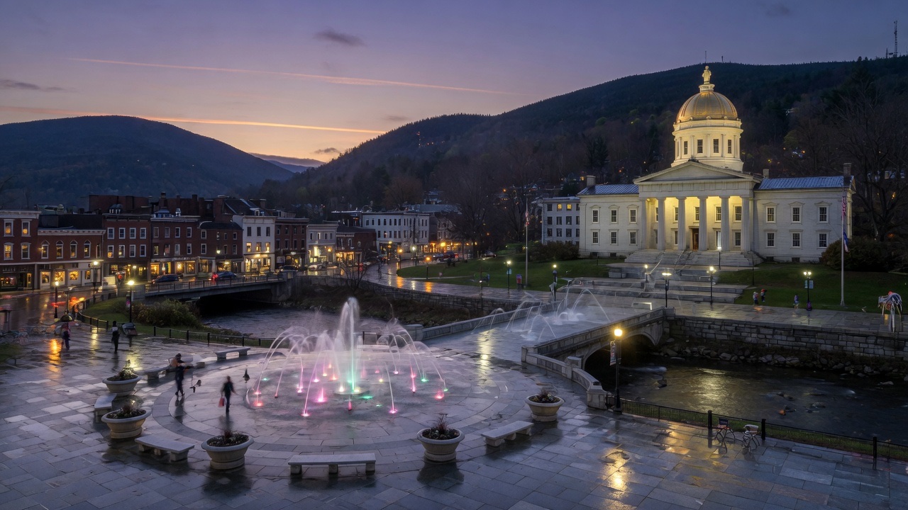 Montpelier dusk fountains — educational cover (Greek Senate, American Future Type)
