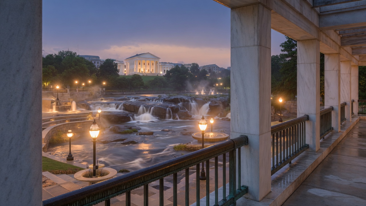Richmond dusk James-falls fountains — educational cover (Greek Senate, American Future Type)