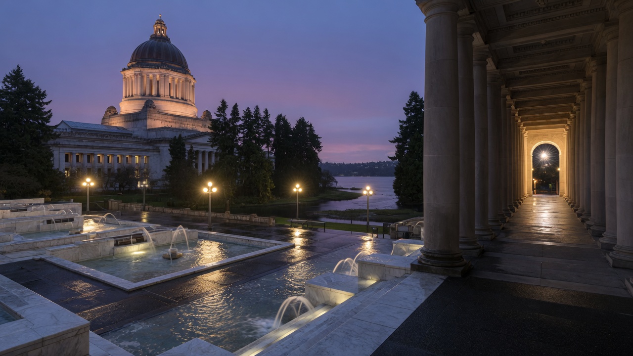 Olympia dusk Budd Inlet fountains — educational cover (Greek Senate, American Future Type)