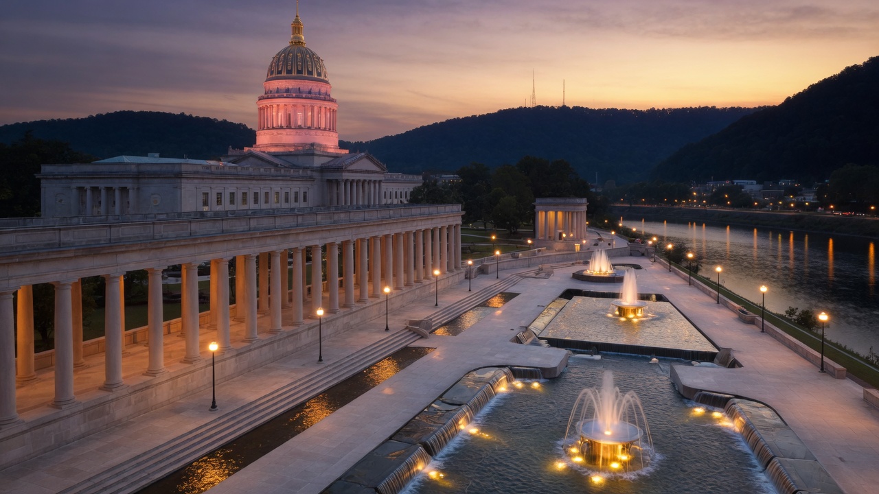 Charleston dusk Kanawha fountains — educational cover (Greek Senate, American Future Type)