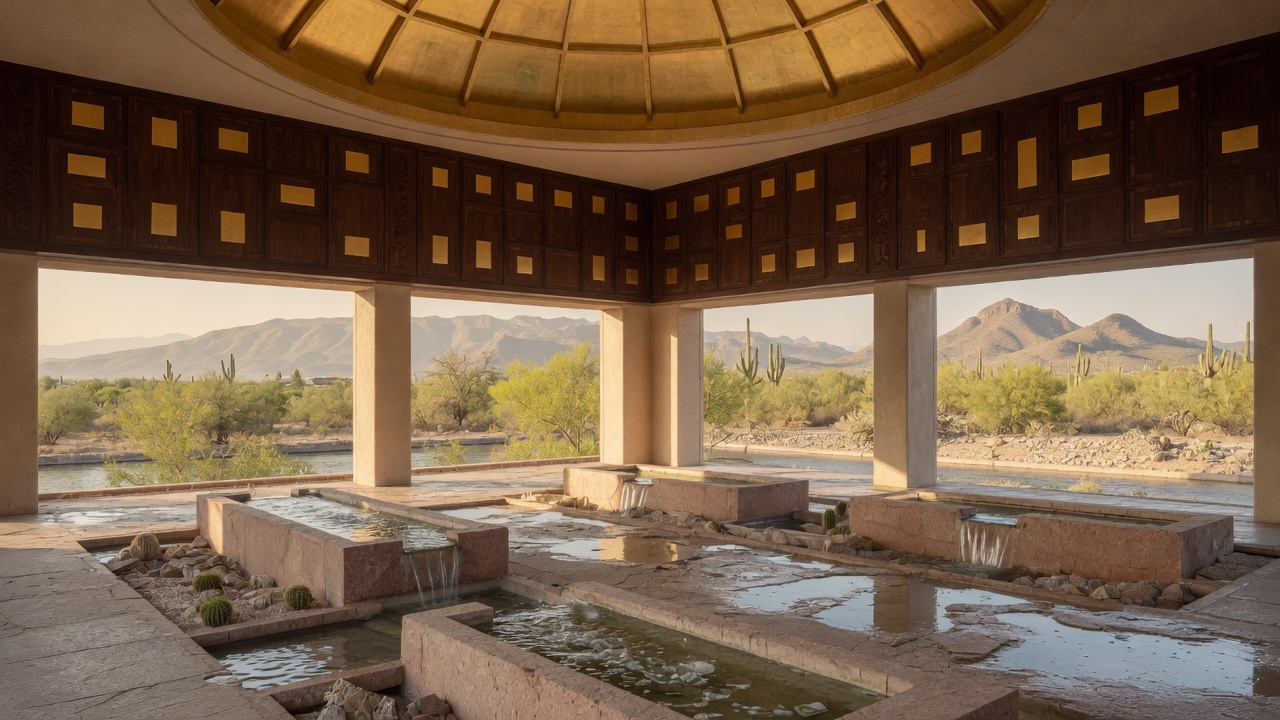 Gold-geometry assembly and Salt River Valley canal fountains — educational cover (Greek Orthodoxy civic grammar, American Future Type)