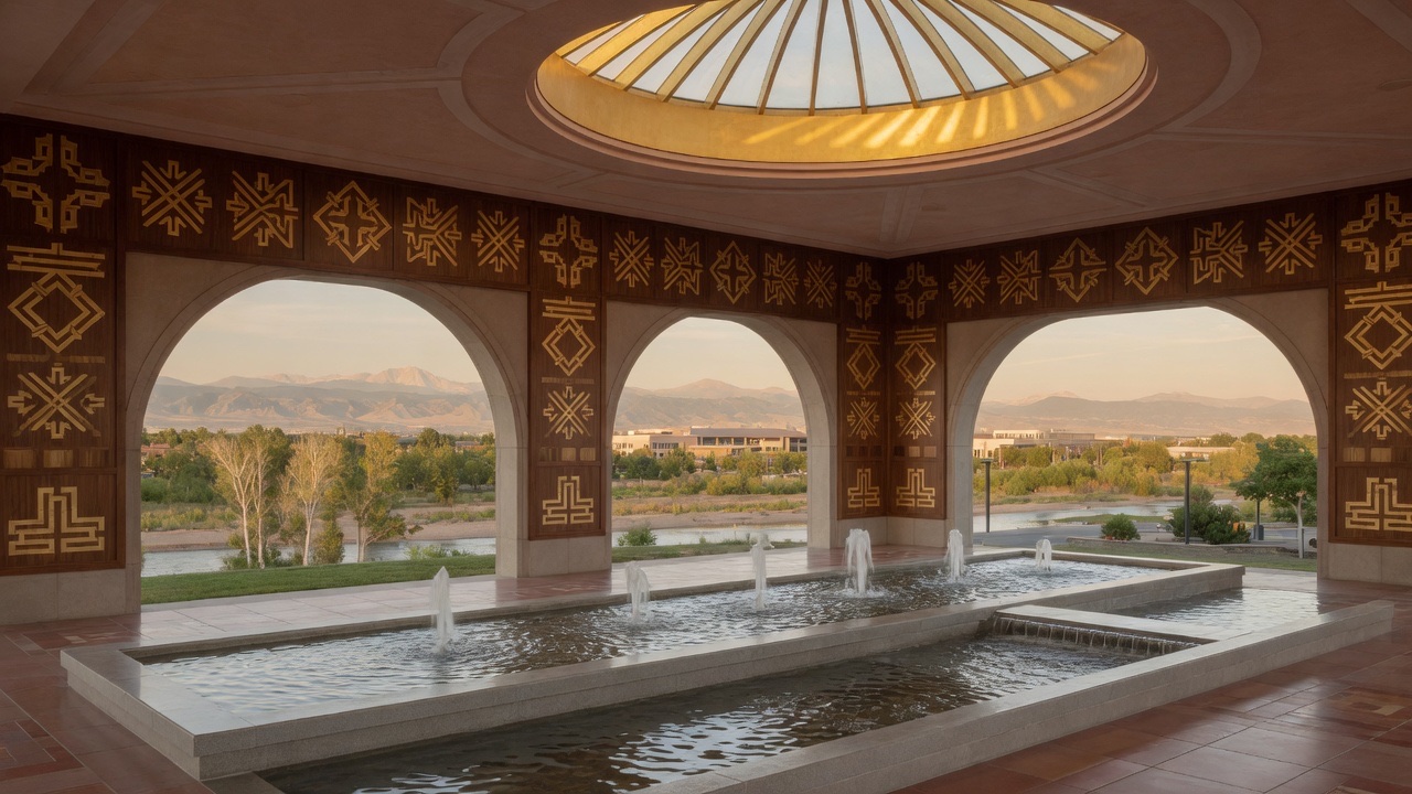 Gold-lit civic hall and South Platte fountains toward the Front Range — educational cover (Greek Orthodoxy civic grammar, American Future Type)