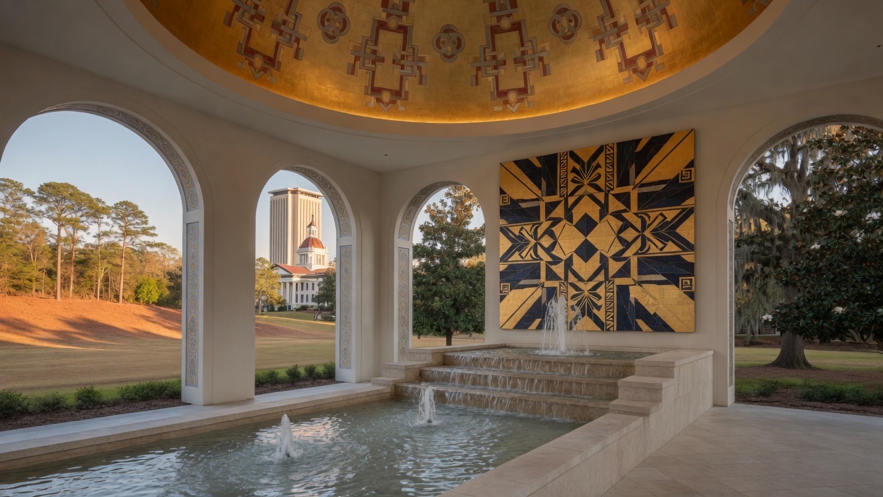 Red Hills civic hall, cascade fountains, and the Tallahassee capitol — educational cover (Greek Orthodoxy civic grammar, American Future Type)