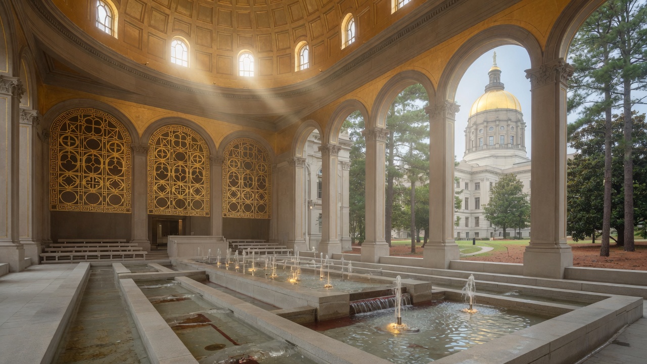 Gold-dome assembly and Capitol Square fountains — educational cover (Greek Orthodoxy civic grammar, American Future Type)