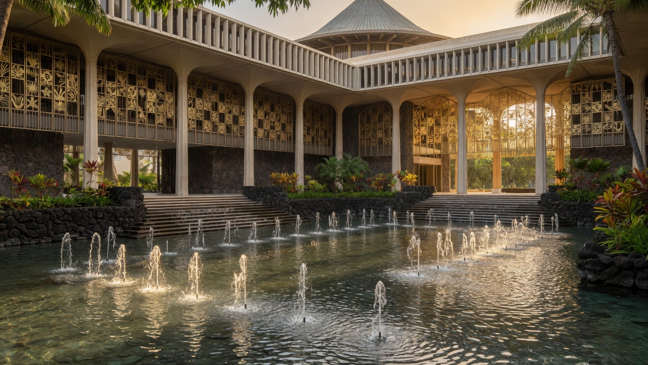 Open-air assembly and reflecting-pool fountains — educational cover (Greek Orthodoxy civic grammar, American Future Type)