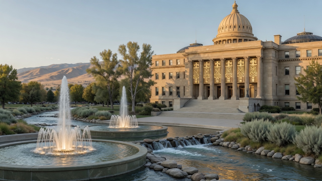Sandstone-dome assembly and Boise River fountains — educational cover (Greek Orthodoxy civic grammar, American Future Type)