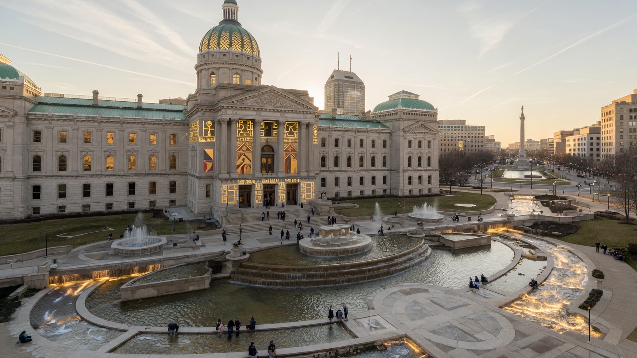 Indianapolis Statehouse, canal fountains, and Monument Circle in the distance — educational cover (Greek Orthodoxy civic grammar, American Future Type)