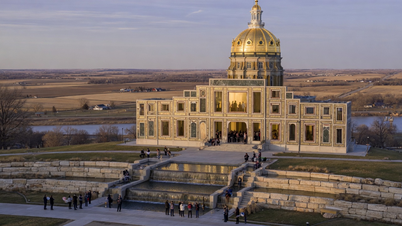 Des Moines gold dome over prairie terraces and civic fountains — educational cover (Greek Orthodoxy civic grammar, American Future Type)
