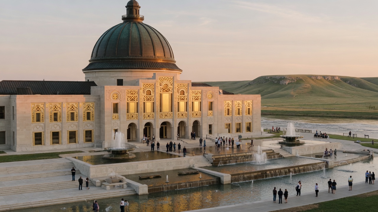 Topeka copper dome, Kansas River fountains, and Flint Hills in the distance — educational cover (Greek Orthodoxy civic grammar, American Future Type)