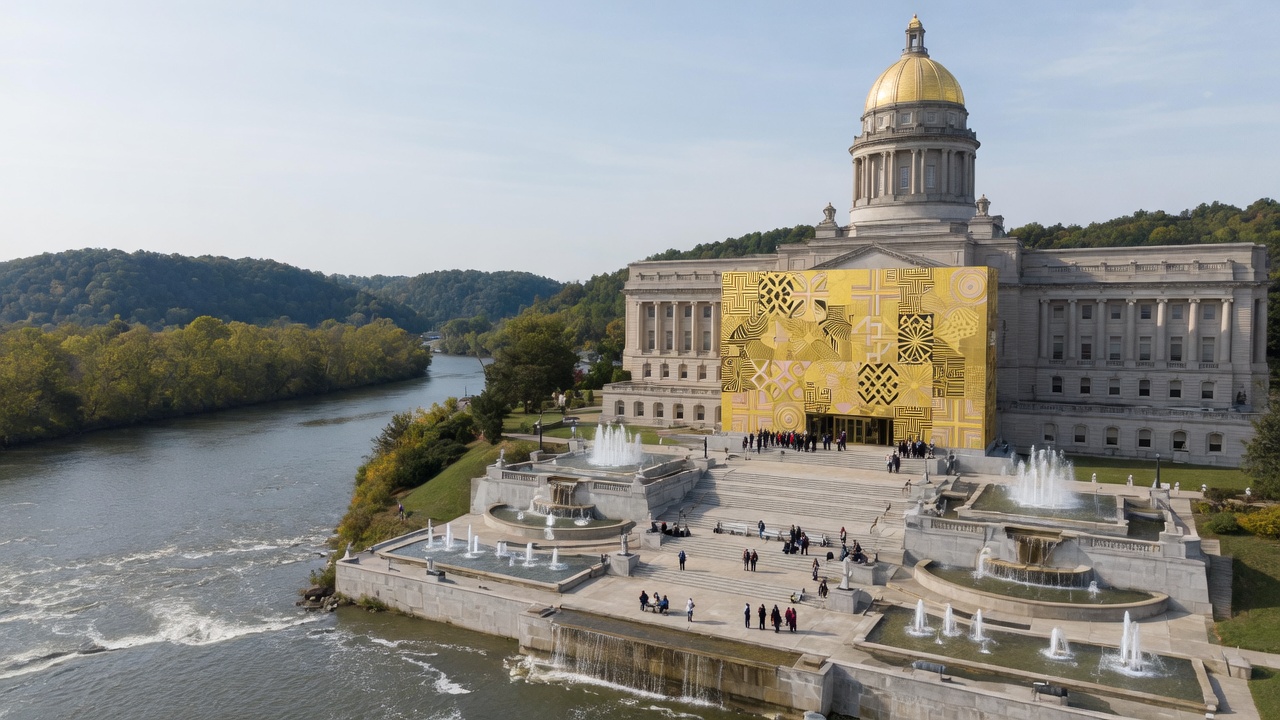 Frankfort capitol on the Kentucky River bluff with civic fountains — educational cover (Greek Orthodoxy civic grammar, American Future Type)