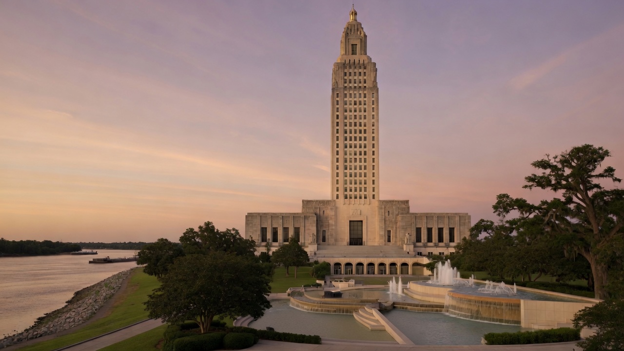 Art Deco river-tower civic hall and Mississippi fountains at Baton Rouge — educational cover (Greek Orthodoxy civic grammar, American Future Type)