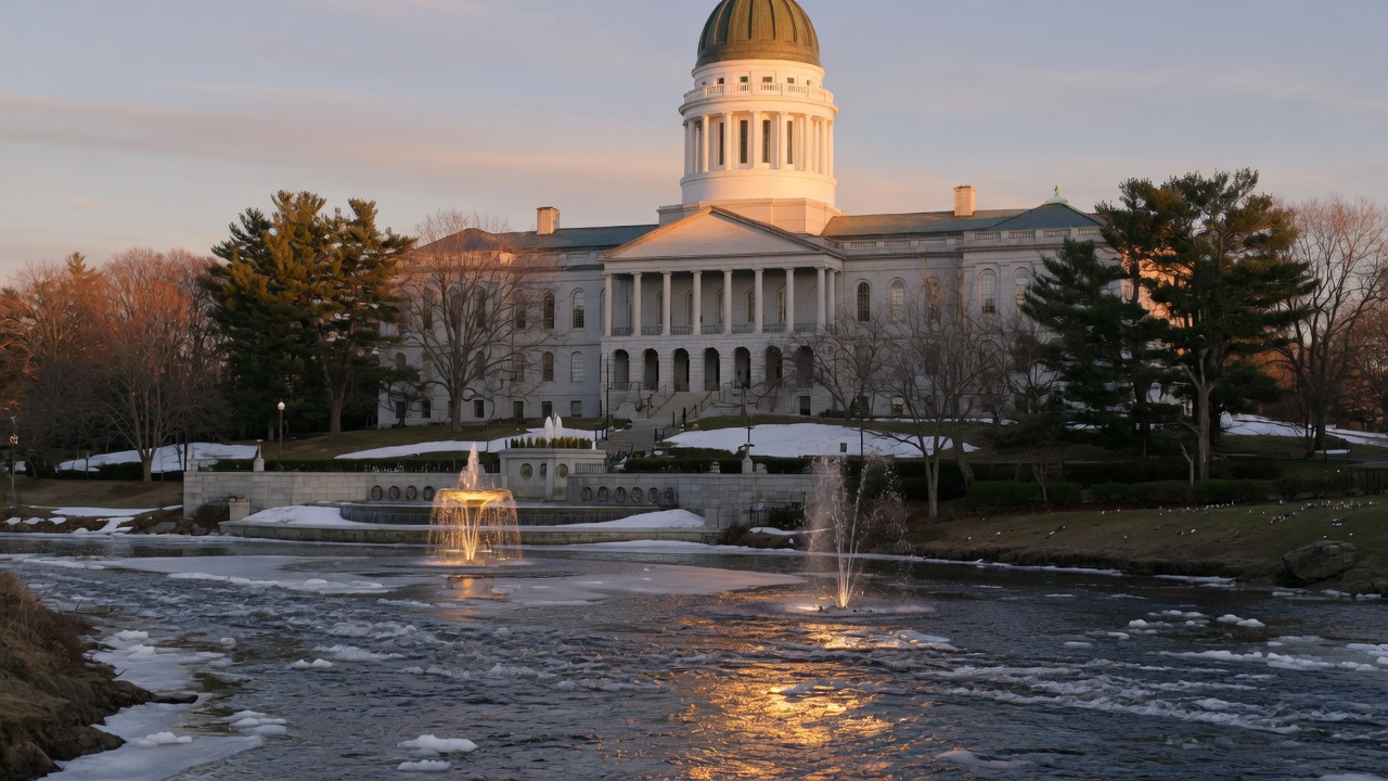 Granite State House, copper-green dome, and Kennebec fountains at Augusta — educational cover (Greek Orthodoxy civic grammar, American Future Type)