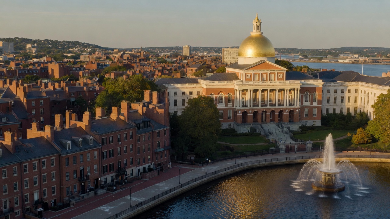 Golden-dome civic hall and Charles River fountains on Beacon Hill — educational cover (Greek Orthodoxy civic grammar, American Future Type)