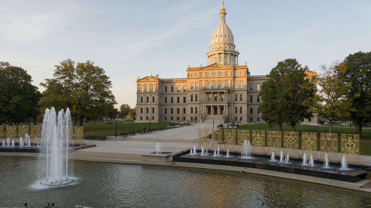 Lansing Capitol, Grand River fountains, and gold civic screens — educational cover (Greek Orthodoxy civic grammar, American Future Type)