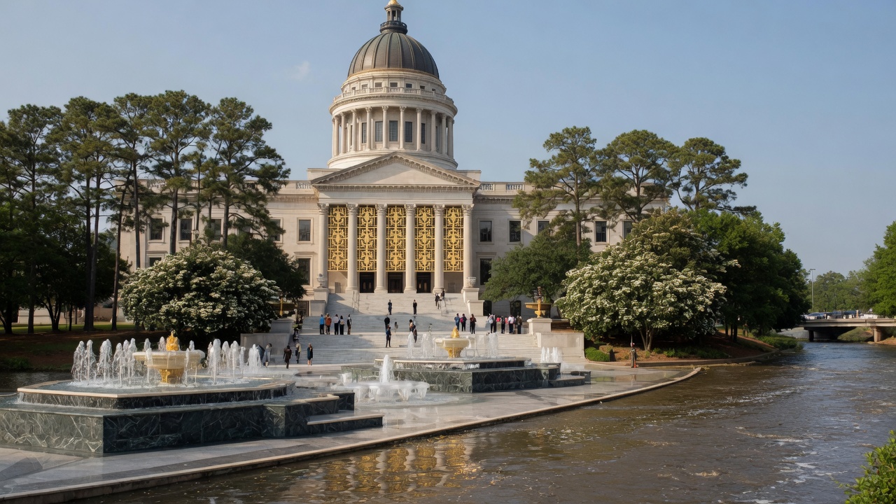 Jackson New Capitol, Pearl River fountains, and pine — educational cover (Greek Orthodoxy civic grammar, American Future Type)