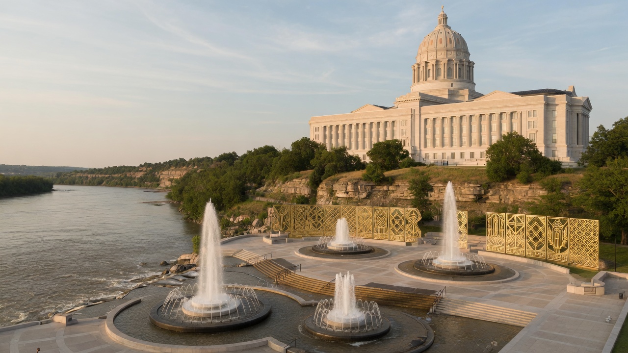 Jefferson City Capitol on a Missouri River bluff, fountains, and gold civic screens — educational cover (Greek Orthodoxy civic grammar, American Future Type)