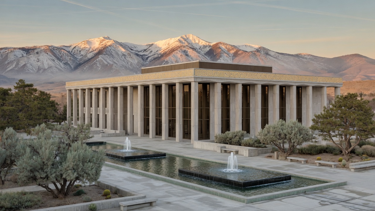 Carson City Legislative Building at the Sierra foot with civic fountains — educational cover (Greek Orthodoxy civic grammar, American Future Type)