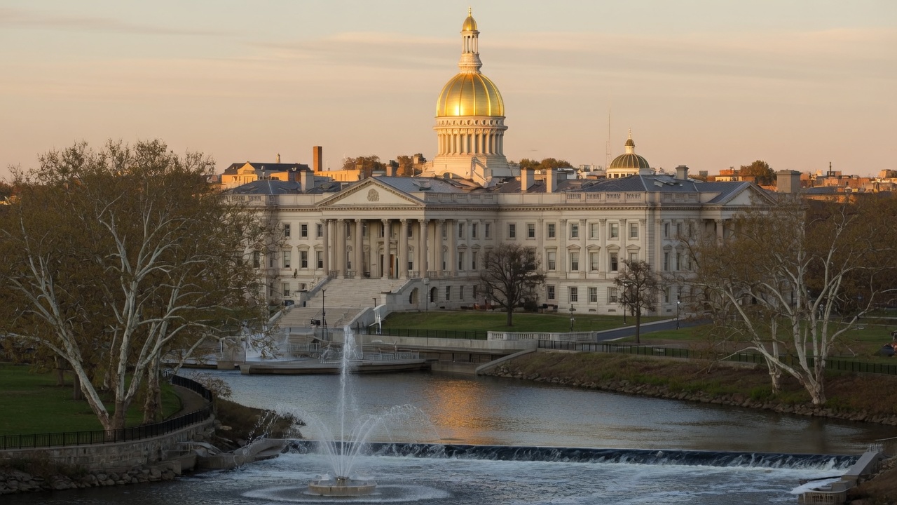 Trenton gold-dome State House on the Delaware with civic fountains — educational cover (Greek Orthodoxy civic grammar, American Future Type)